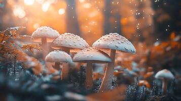 A cluster of mushrooms grows together on the forest floor illuminated by dappled sunlight creating a magical ambiance photo