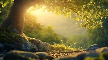 Sunlit forest path with butterflies mossy rocks and tree with radiant light shining through the leaves warm natural photo