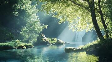 Sunlight streams through a vibrant forest illuminating a gentle river flowing towards a distant waterfall creating a serene view photo