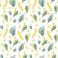 Yellow Mimosa Branches seamless Pattern. Spring Blooming flower. Simple Flat design illustration. Seasonal Botanical background. vector