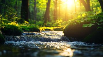 Sunlight shines through a lush forest highlighting a small stream flowing over moss-covered rocks creating a serene scene photo