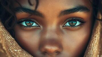 Close-up portrait of an exotic model's face with light eyes reflecting a beach scene and a soft warm colored scarf photo