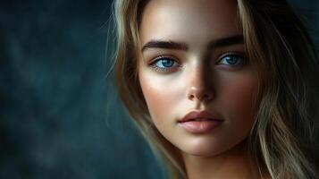 Portrait of a woman with blue eyes and wavy blonde hair softly lit against a dark background She is fair-skinned photo