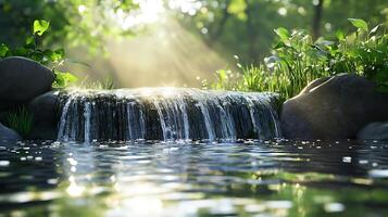 Sunlight streams through lush greenery illuminating a small waterfall cascading into a serene pool of water nature's beauty photo
