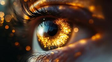 Intricate close-up of an eye with a dazzling display of golden shimmering lights forming around the iris photo