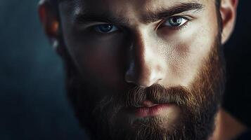 Intense bearded man staring intently dramatic lighting accentuating his facial features and capturing a powerful confident look photo