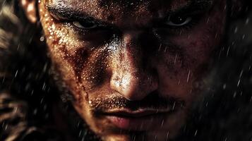 Intense portrait of a man with water droplets set against a dark background and captured in dramatic light photo