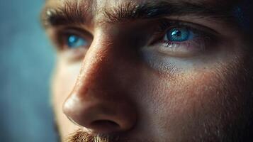 Intense gaze of a man with captivating blue eyes highlighted by detailed facial features and subtle skin textures photo