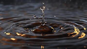 Water drop creates splash and ripples golden highlights dance across the liquid's surface in a captivating display photo