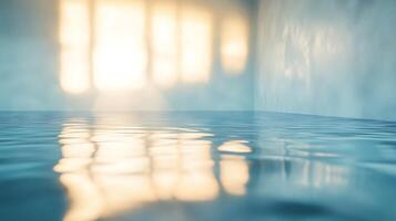 Water surface reflects soft golden light from unseen windows creating an ethereal tranquil scene Indoor setting photo