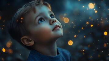 A young child gazes upwards in wonder illuminated by soft magical lights creating a serene and enchanting scene photo