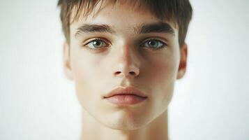 Striking close-up portrait showcasing captivating eyes smooth skin and neutral expression against a clean white background photo