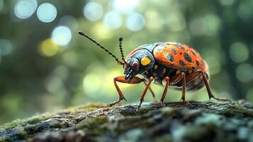 Close-up showcases a vividly colored beetle on moss highlighting intricate details with bokeh background in soft focus photo