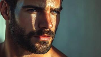 A dramatic headshot of a man with intense eyes sun-kissed skin and a well-groomed beard against a muted background photo
