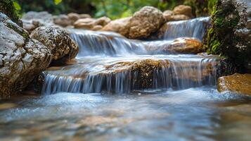 Cascading stream flowing over rocks creating small waterfalls with blurred motion effect showing off fluid movement photo