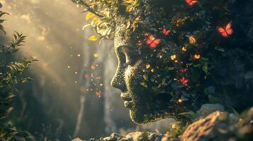 Stone face in the forest adorned with leaves and butterflies bathed in sunlight blending nature and art photo