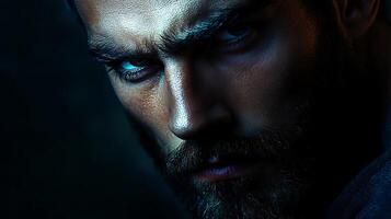 Intense portrait of a man with a beard and piercing eyes emanating power and confidence in the darkness photo