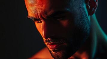 Intense portrait of a man with short hair and a beard dramatically lit with red and teal gels in a dark setting photo