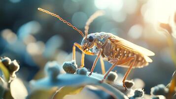 Macro view of a delicate light-brown insect with long antennae perched on a leaf illuminated by sunlight photo
