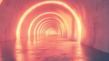 Abstract tunnel with glowing arches receding into distance bathed in warm vibrant light A futuristic otherworldly passage photo