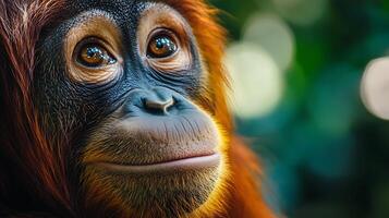 Close-up of a young orangutan with captivating eyes showcasing its gentle expression against a blurred verdant backdrop photo
