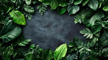 Vibrant greenery frame on dark background lush leaves create a natural border for text or design with rich tones photo