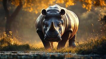 Powerful rhino stands strong sunlight paints the scene with golden hues strength and beauty of wildlife captured photo