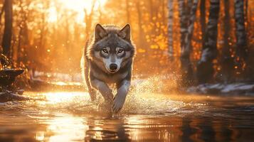 Wolf emerges powerfully from a glistening river eyes fixed illuminated by golden sunlight creating a dynamic portrait photo