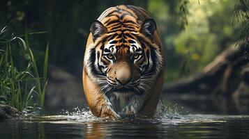 Tiger walking through the water with an alert expression on its face deep in the jungle a majestic predator photo