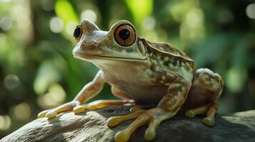 A charming frog with large eyes perches on a mossy rock basking in the dappled sunlight of the forest canopy photo