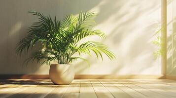 Bright indoor scene featuring a lush potted palm basking in soft sunlight on a light wooden floor near a textured wall photo
