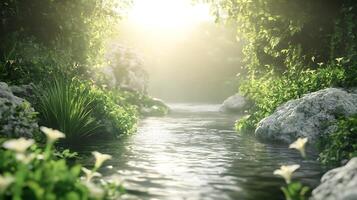 Lush riverbank sunlight filters through leaves creating a serene natural atmosphere Greenery abounds peaceful quiet space photo