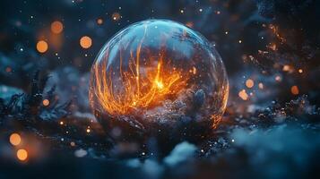Glowing energy sphere nestled in a mystical winter landscape with bokeh lights adding magic to the cold scenery photo