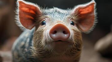 Close-up portrait of a young piglet showcasing its cute snout curious eyes and endearing expression in a natural setting photo
