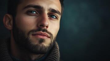 Intense gaze of a bearded man with striking eyes set against a blurred dark backdrop exudes quiet confidence photo