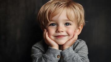 A beautiful young child smiles warmly resting their face sweetly in their hands against a dark grey background photo
