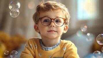 Enchanting portrait of a young boy with glasses amidst floating bubbles capturing innocence and childhood wonder photo