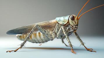 Detailed view of a grasshopper featuring its exoskeleton wings and antennae against a neutral studio backdrop photo