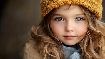 A girl with captivating blue eyes and golden-brown hair wears a cozy yellow knit hat creating a warm inviting portrait photo