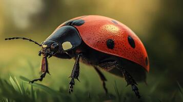A vibrant ladybug stands out with its red and black shell perched on blades of grass in a natural setting photo