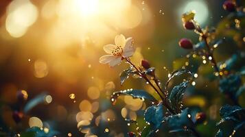 A sunlit flower blooms adorned with dewdrops creating a magical ethereal glow in a garden setting photo