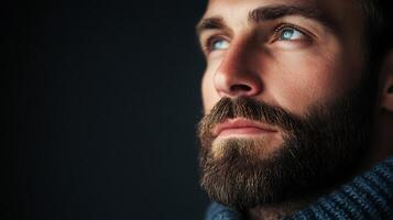 Introspective gaze of a thoughtful man with a beard and piercing blue eyes looking up bathed in soft natural light photo
