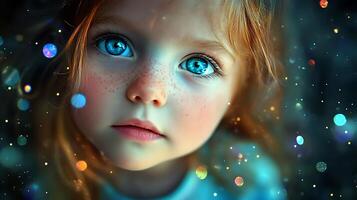Close-up of a young girl with striking blue eyes and freckles surrounded by a soft bokeh effect and muted lighting photo