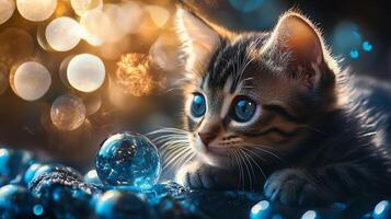 Tabby kitten with striking blue eyes rests near a crystal ball bokeh lights twinkling in the background photo
