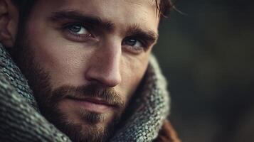 Focused portrait of a handsome man looking intensely at the viewer wrapped in a cozy oversized scarf on a cool day photo