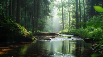 Sunlight streams through the forest canopy illuminating a tranquil creek running through lush greenery photo