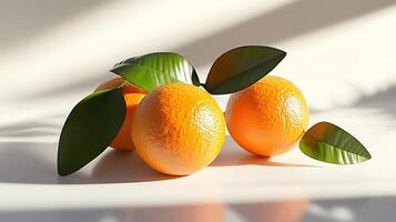 Three vibrant oranges nestled on a white surface adorned with fresh green leaves casting soft shadows Sunny and refreshing photo