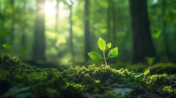 A tiny sprout grows from the mossy forest floor reaching for the light in a tranquil natural scene photo