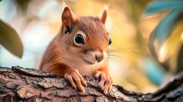 Squirrel on a tree branch looking ahead with interest showcasing its captivating eyes and furry texture in a forest setting photo