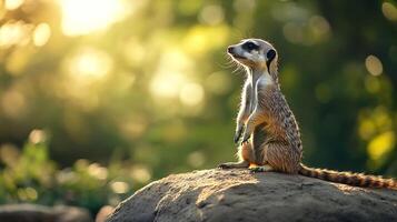 Attentive meerkat perched on a rock gazing into the sunlight its silhouette outlined against a blurred backdrop of greenery photo